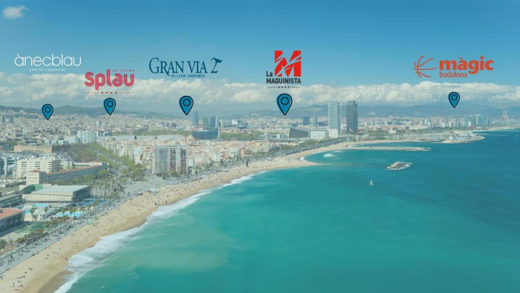 Mapa de la costa de Barcelona amb diferents centres comercials de la metròpoli