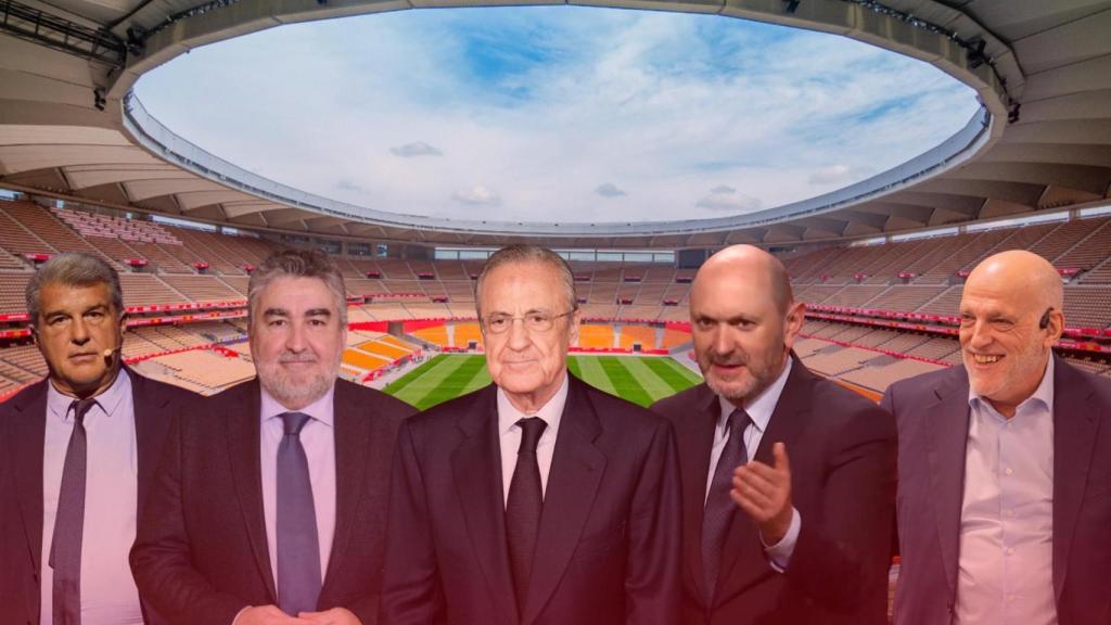 Joan Laporta, José Manuel Rodríguez Uribes, Florentino Pérez, Rafael Louzán y Javier Tebas, en un montaje