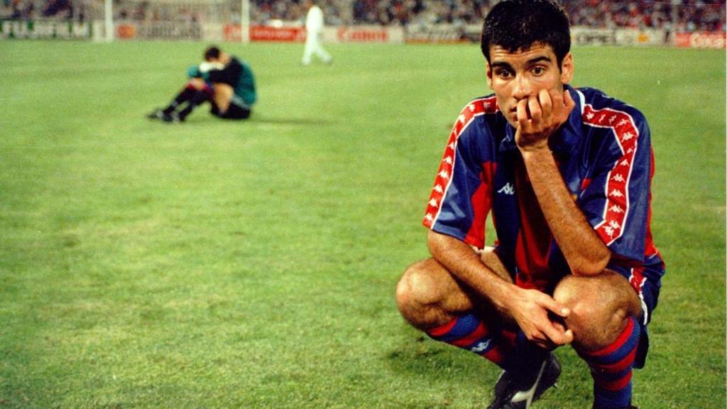 Pep Guardiola, destrozado, tras la final de Atenas de 1994