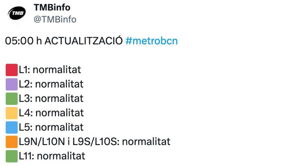 Estat de les línies del metro a les 5:00 hores