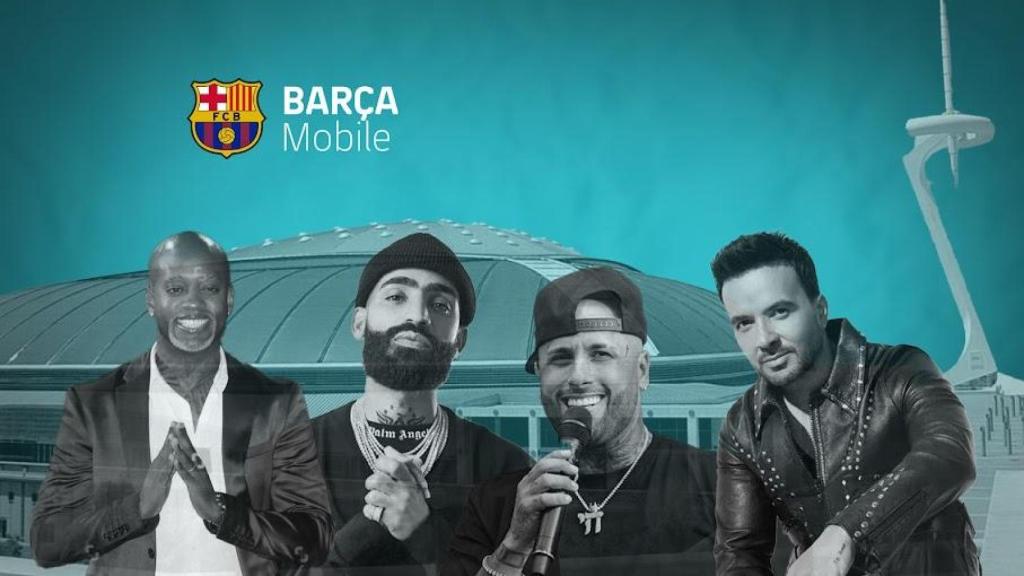 Fotomontaje del Palau Sant Jordi con los artistas y el logo de Barça Mobile