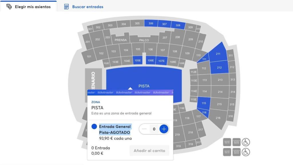 El mapa de la venda d'entrades amb entrades disponibles a la pista, tot i que apareixen com esgotades