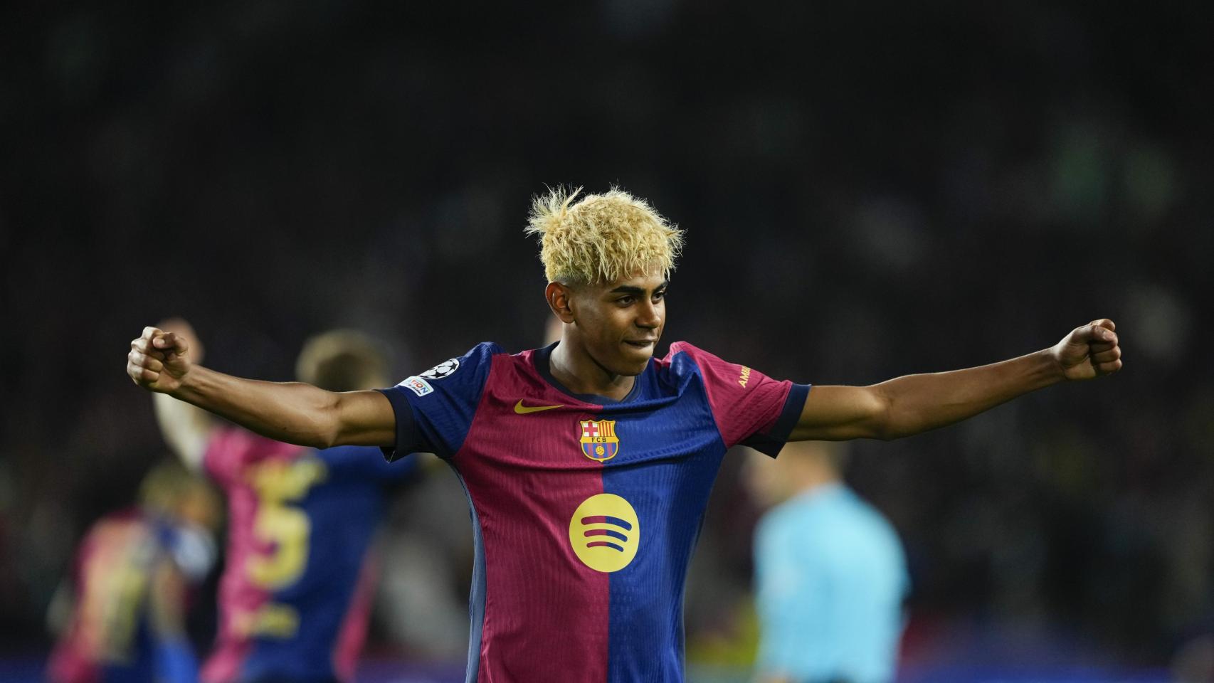 Lamine Yamal celebra un gol del Barça contra el Inter de Milán en la Champions League