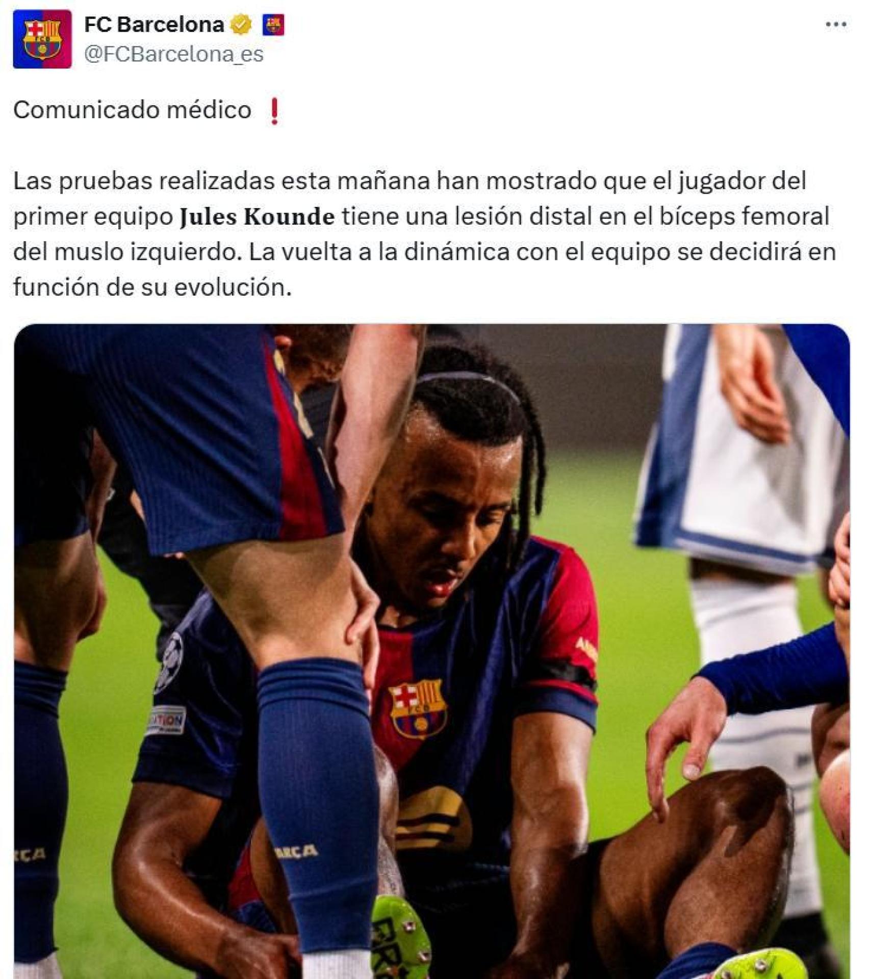 El comunicado médico del Barça sobre la lesión de Jules Koundé