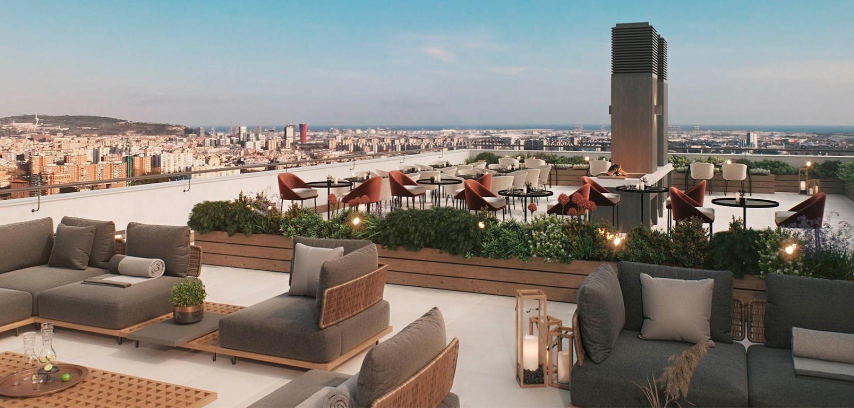 Render de la azotea de la promoción NO|BA Homes del ARE Montesa en Esplugues