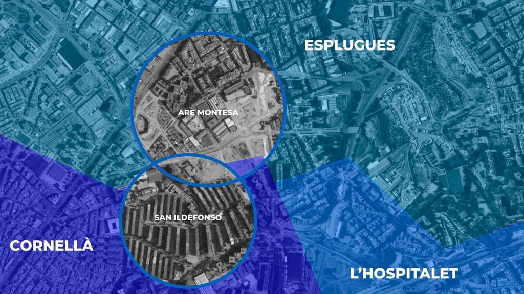 Vista satélite del complejo urbanístico ARE Montesa en Esplugues
