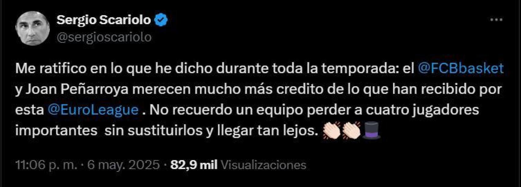 Publicación en Twitter de Sergio Scariolo alabando al Barça de basket y Peñarroya