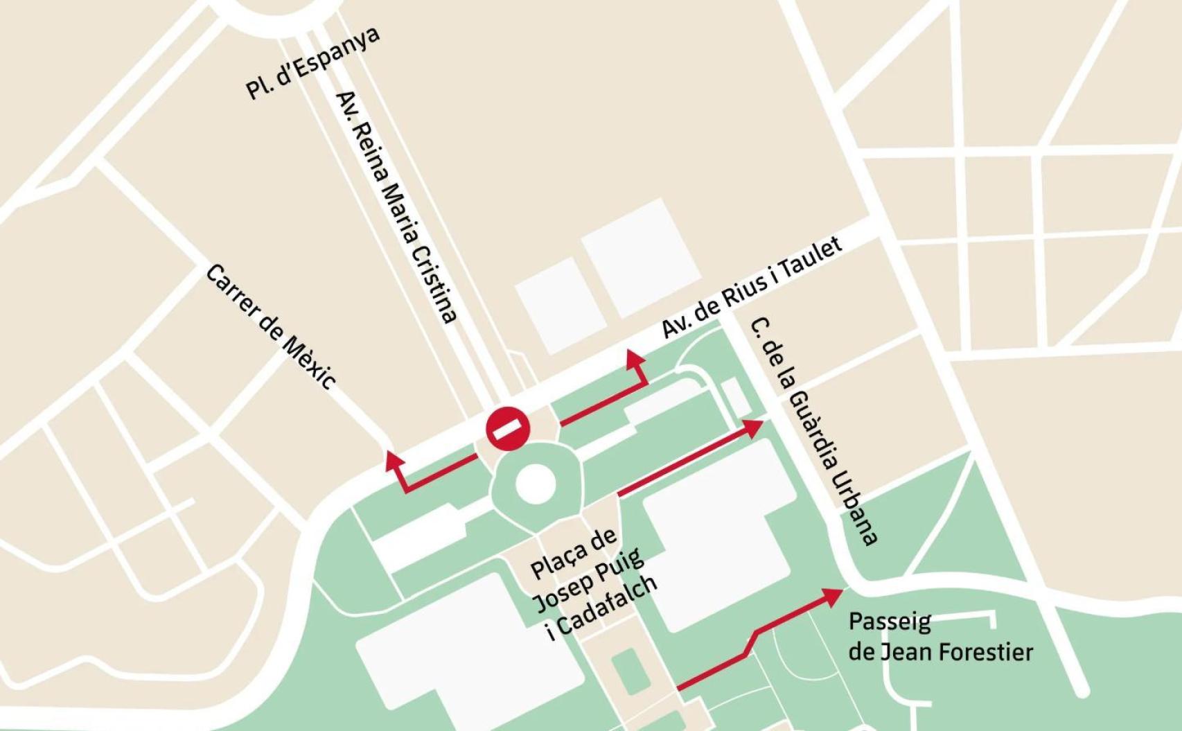 Accesos alternativos al cierre de la avenida Maria Cristina para el clásico Barça-Real Madrid en Montjuïc