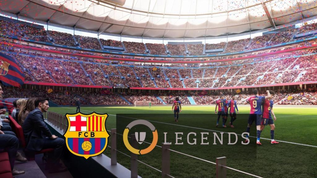 Los logotipos del Barça y Legends, en un montaje con un 'render' del nuevo Camp Nou