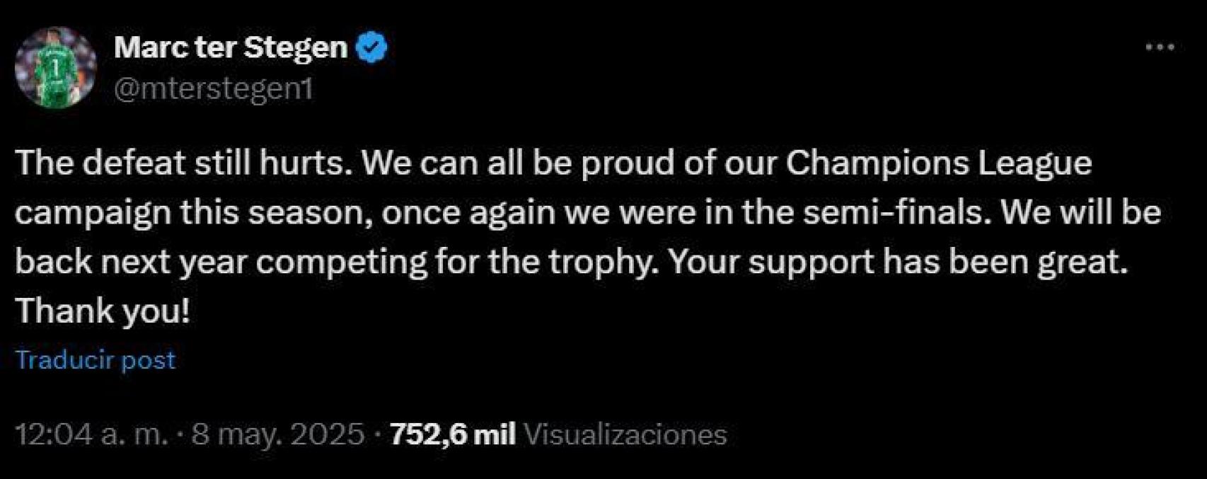 Mensaje de Ter Stegen en Twitter tras la eliminación del Barça en la Champions