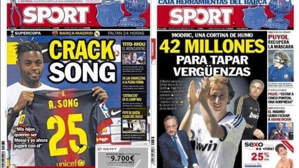 Las dos portadas del 'diario Sport' para catalogar los fichajes de Alex Song y Luka Modric en 2012