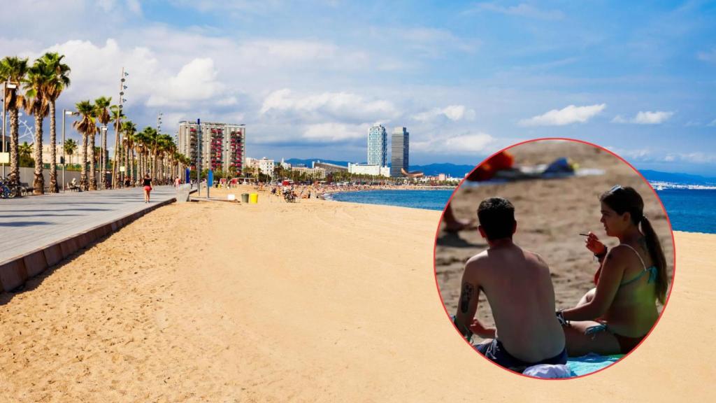 Fotomontaje de la playa de Barcelona y una joven fumando