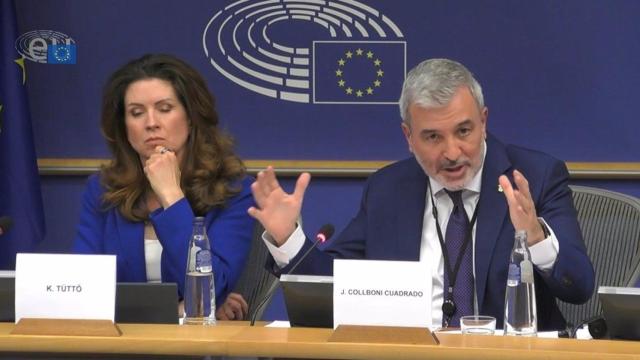 Rueda de prensa de la intervención del alcalde de Barcelona, Jaume Collboni, en la Subcomisión de Vivienda de la Unión Europea (UE)