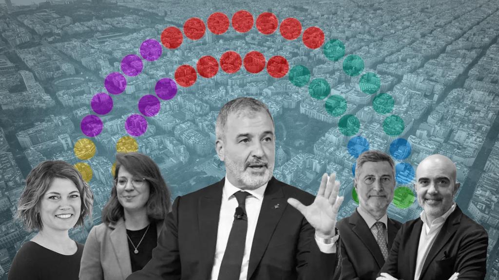 El alcalde de Barcelona, Jaume Collboni, junto a los líderes de grupos de la oposición