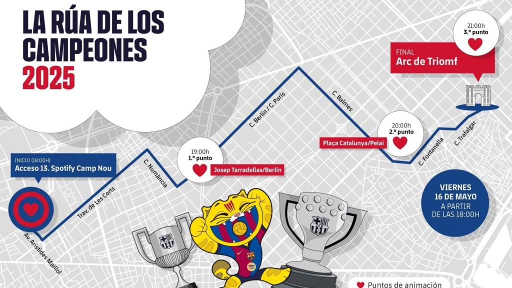 Recorrido de la rúa del Barça por Barcelona para celebrar el triplete
