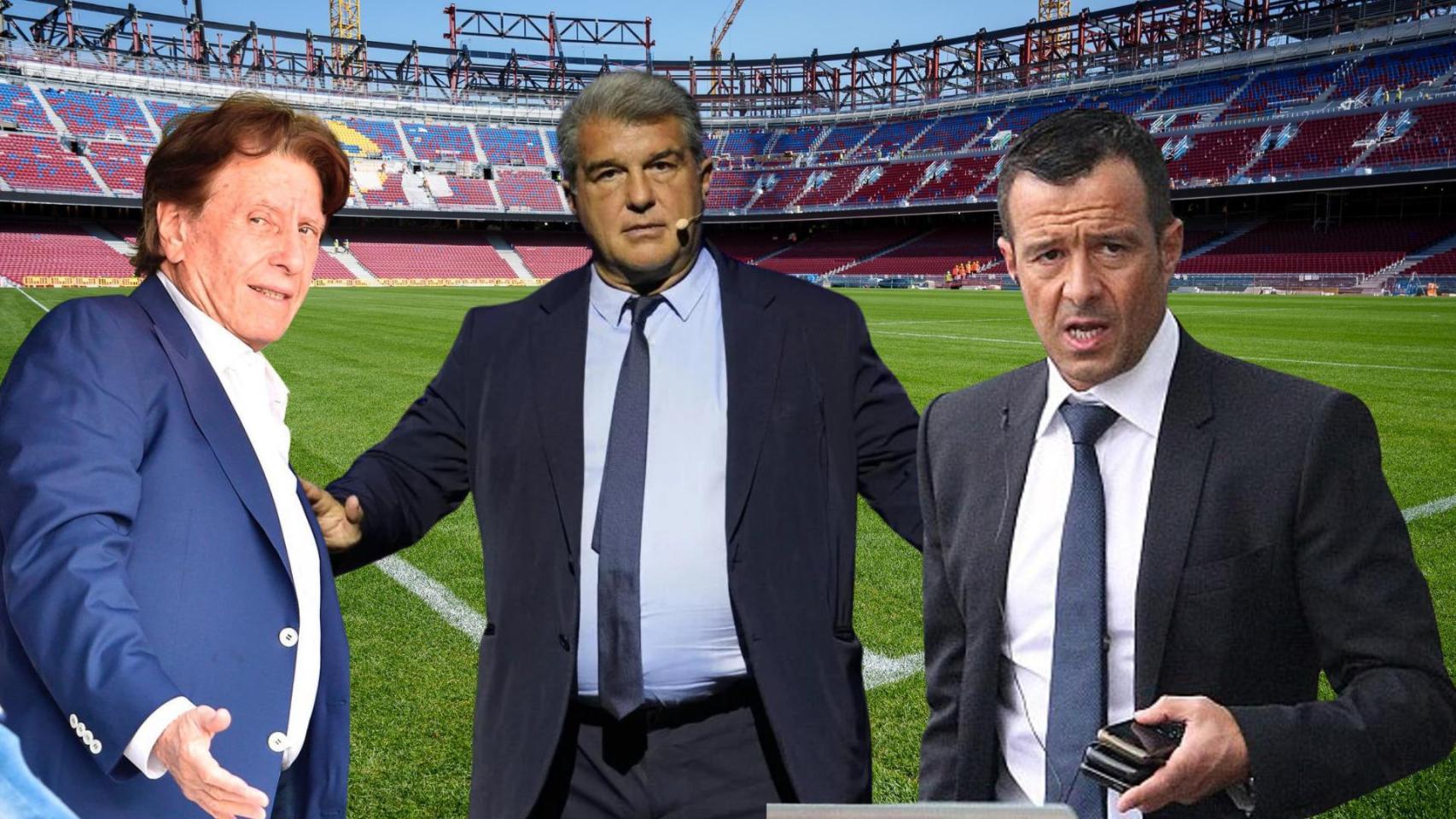 Pini Zahavi, Joan Laporta y Jorge Mendes, en un montaje con el nuevo Camp Nou