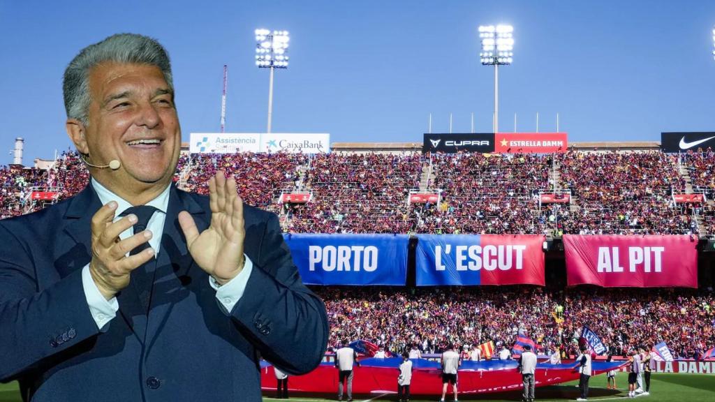 El presidente del Barça, Joan Laporta, y el mosaico en Montjuïc para el clásico, en un montaje