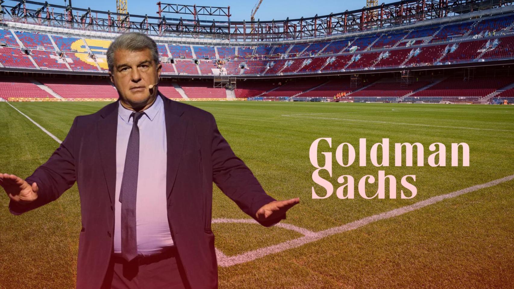 El presidente del Barça, Joan Laporta, el nuevo Camp Nou y el logotipo de Goldman Sachs, en un montaje