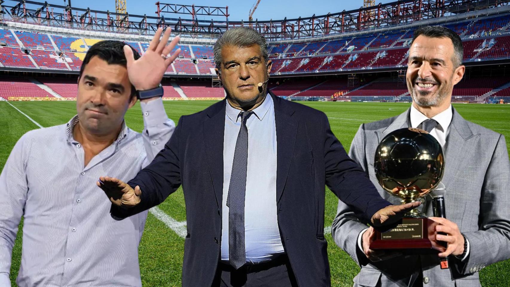 Deco, Joan Laporta y Jorge Mendes, en un montaje con el nuevo Camp Nou de fondo