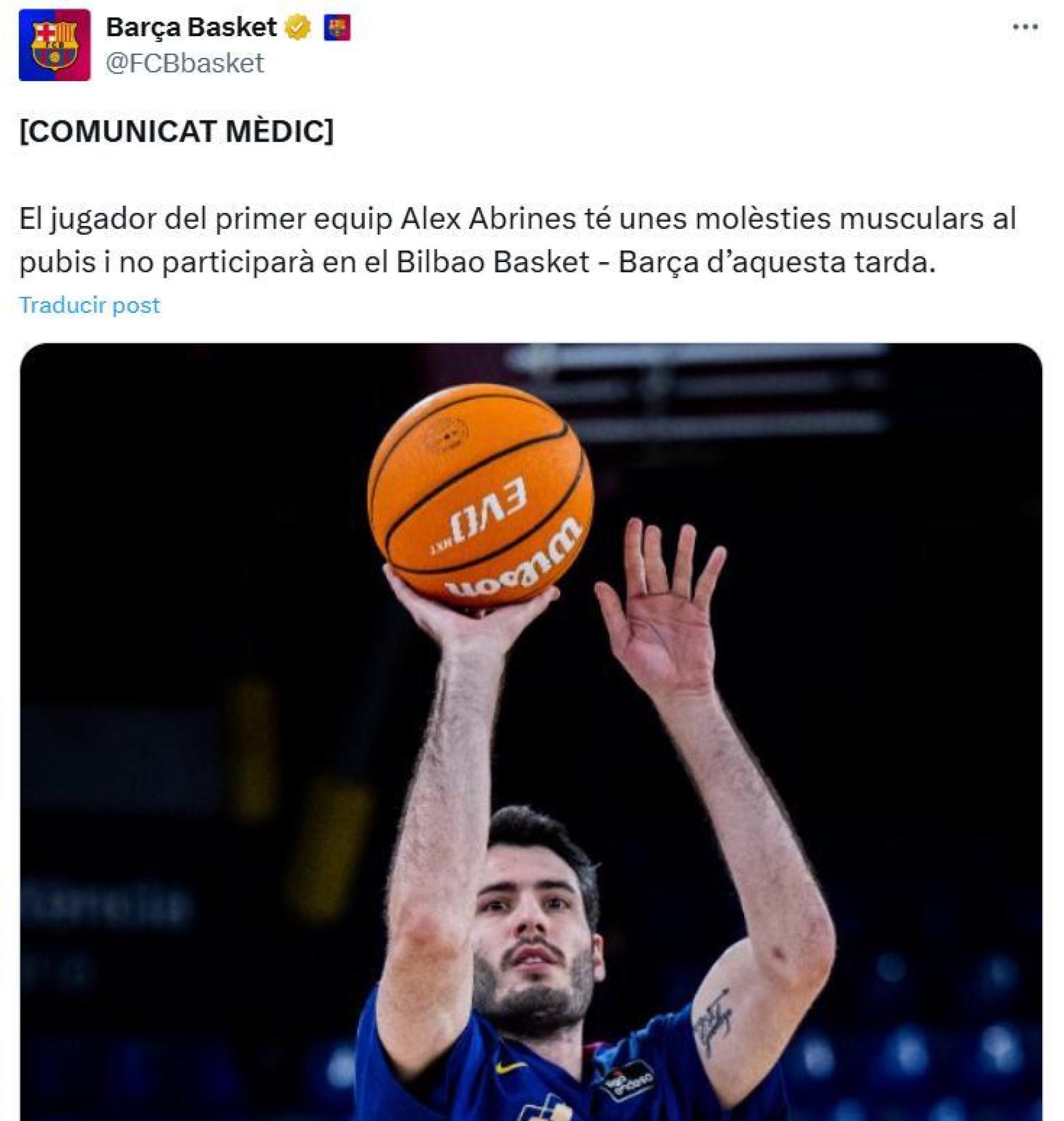 El Barça de basket anuncia la baja de Álex Abrines por lesión muscular