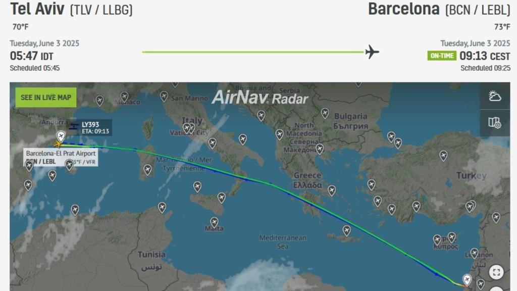 El trayecto del vuelo EL AL LY393, un B737-900ER, de Tel Aviv a Barcelona