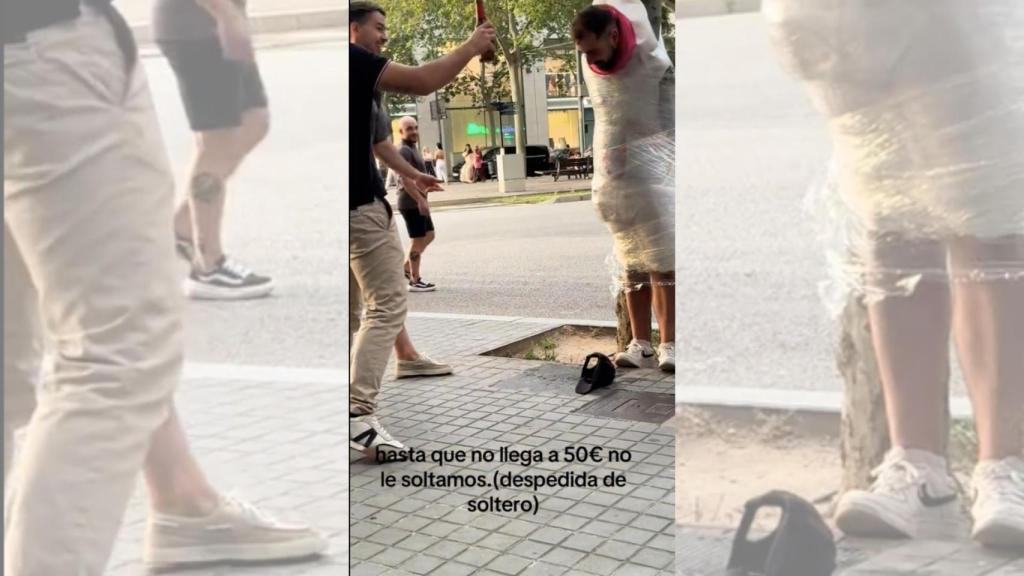 Insólita despedida de soltero en Barcelona: atado a un árbol con papel film y pidiendo dinero en plena calle