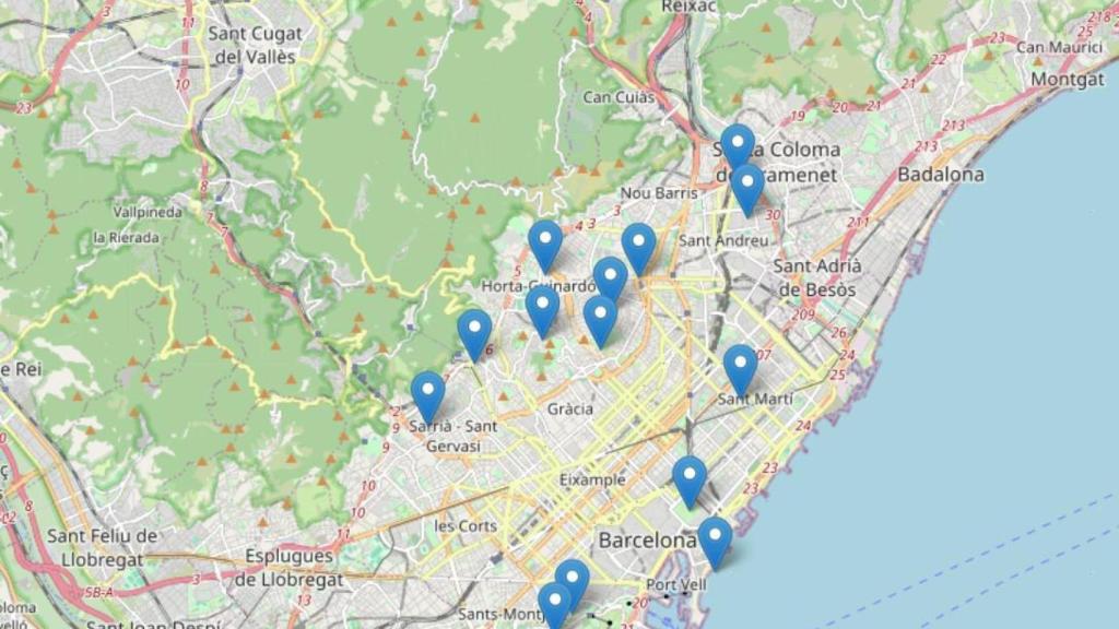 Mapa dónde se localizan todas las piscinas municipales al aire libre de Barcelona