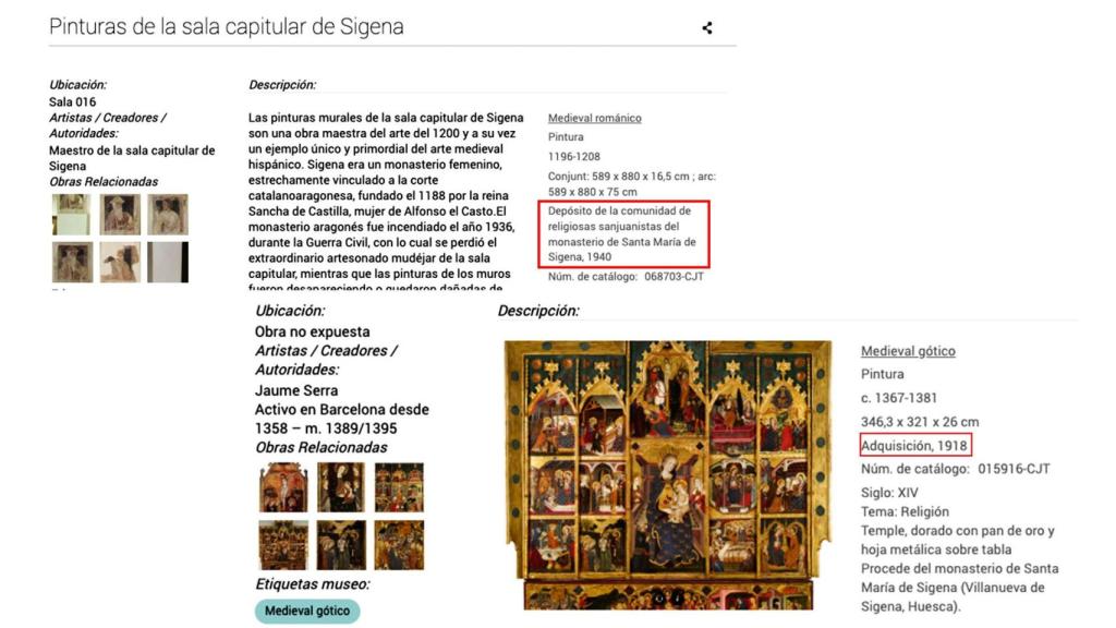 Detalle de la información de la ficha historiográfica del MNAC de las obras de Sijena.