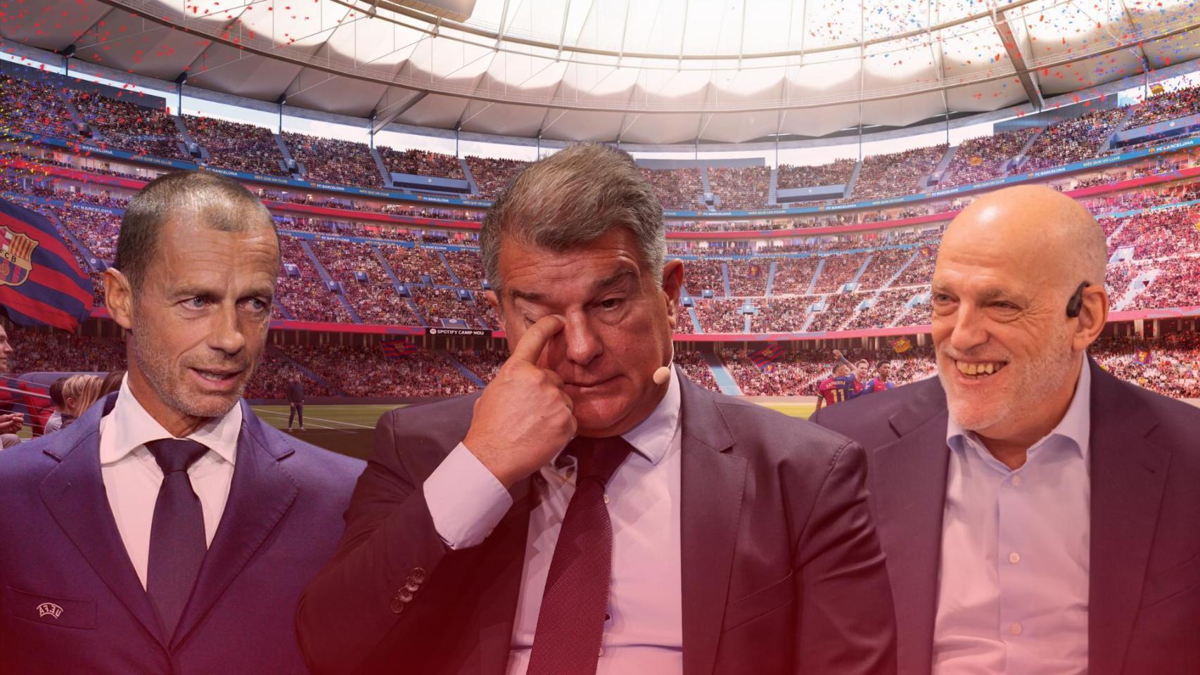 Aleksander Ceferin, Joan Laporta y Javier Tebas, en un montaje con el nuevo Camp Nou de fondo