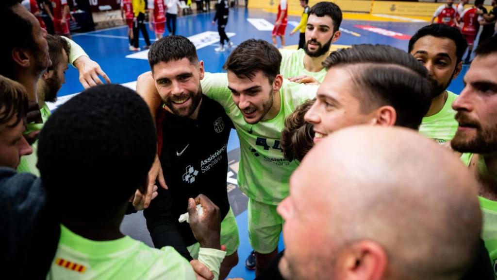 Los jugadores del Barça de balonmano celebran la victoria contra el Bada Huesca en la Copa del Rey