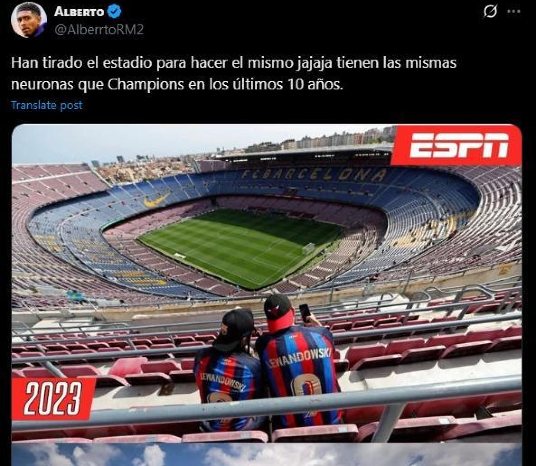 Captura de pantalla de un tweet en el que un usuario dice que el Spotify Camp Nou está igual a 2023