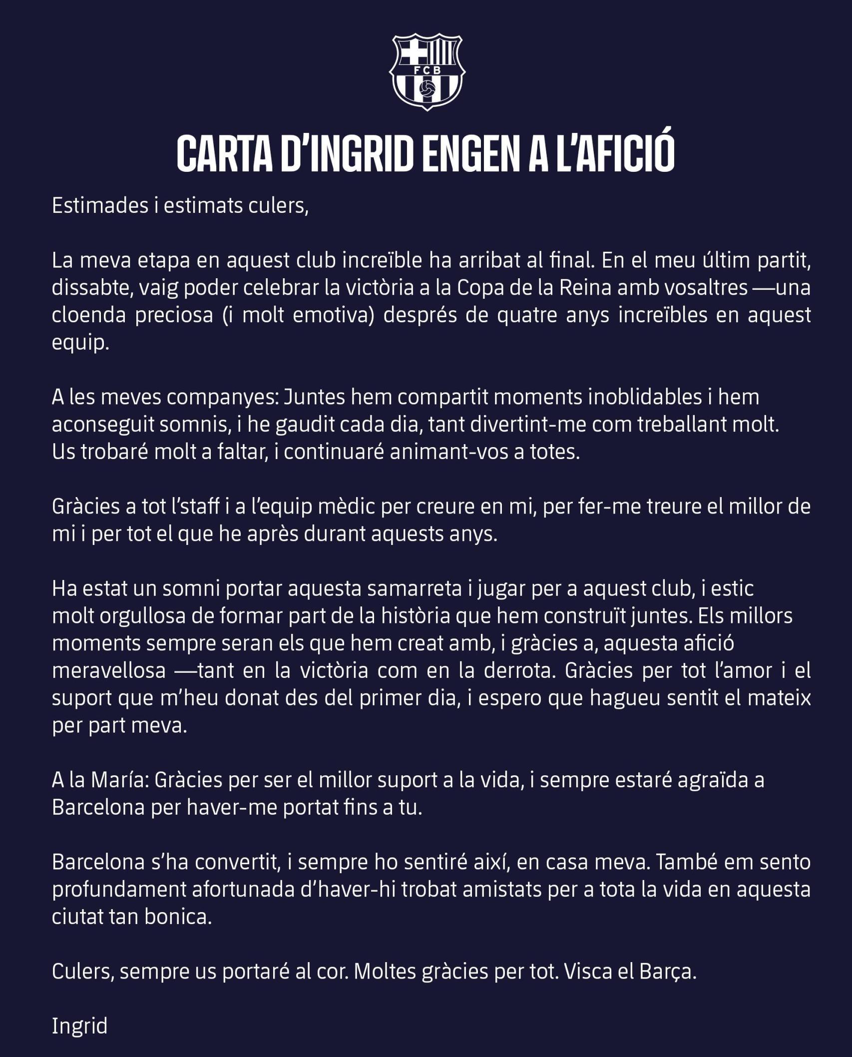 La emotiva carta de despedida de Ingrid Engen para la afición del Barça Femenino