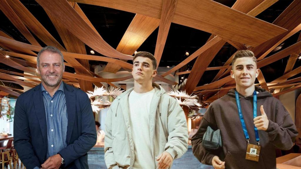 Hansi Flick, Gavi y Fermín López en un montaje con el restaurante Ikibana de fondo