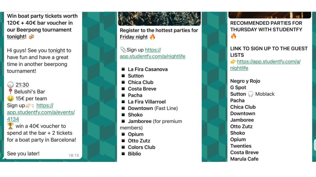 Propuesta de eventos para la semana en el grupo de Whatsapp de Studentfy