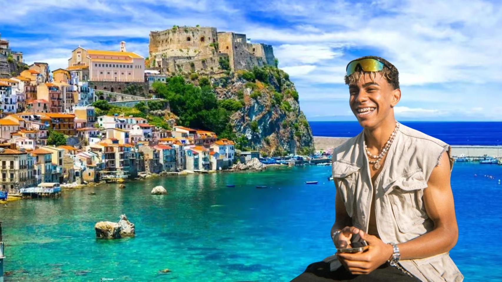 Lamine Yamal, en un montaje con una playa de Sicilia de fondo