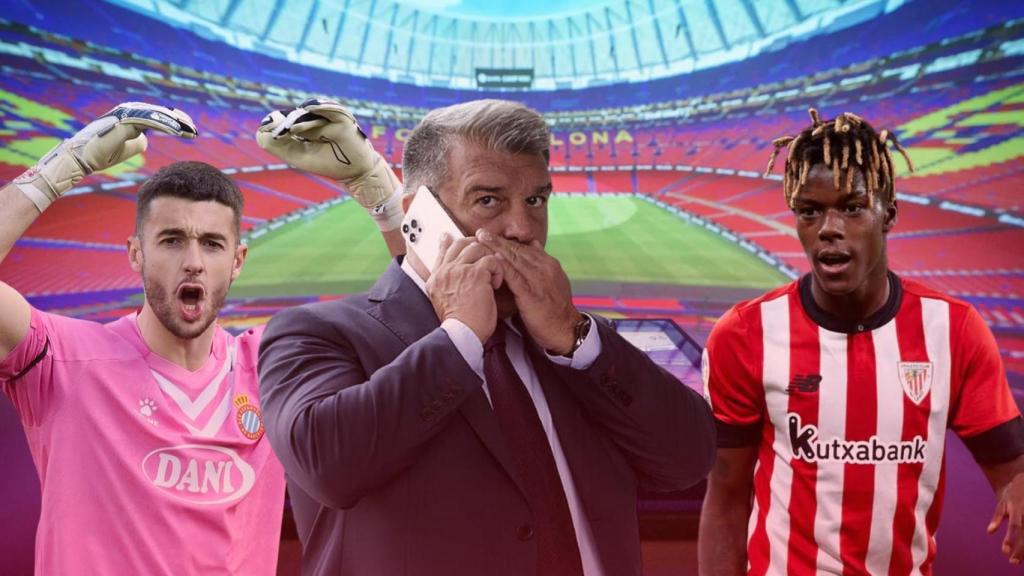 El presidente del Barça, Joan Laporta, en un montaje con Joan García y Nico Williams