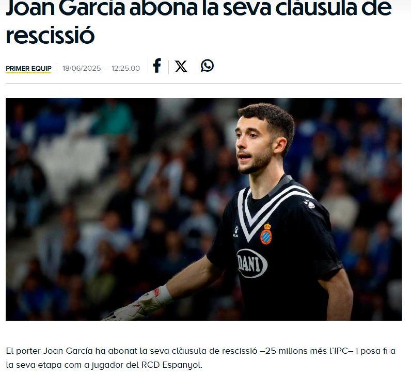 El Espanyol comunica que Joan García abona su cláusula de rescisión