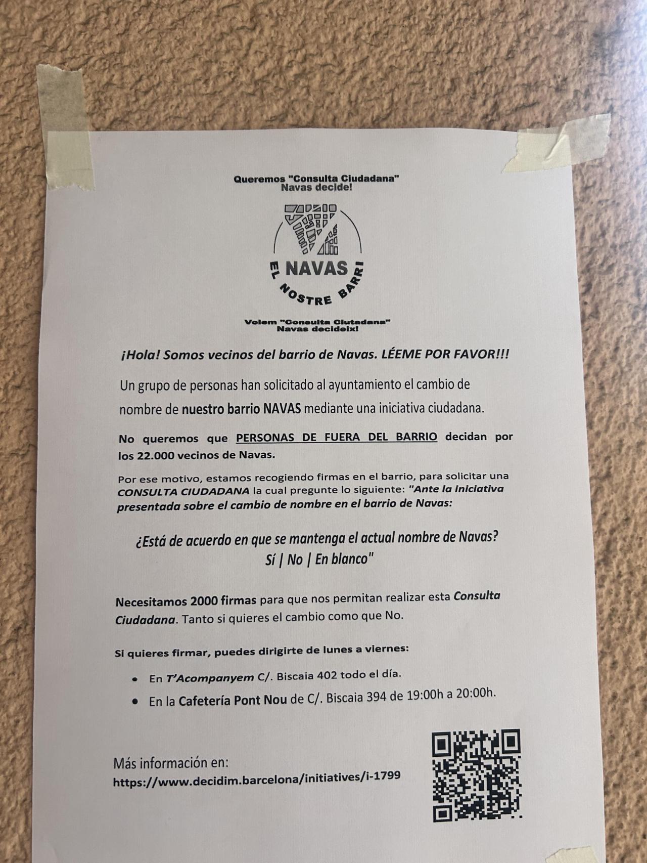 Fullet dels contraris al canvi de nom del barri de Navas