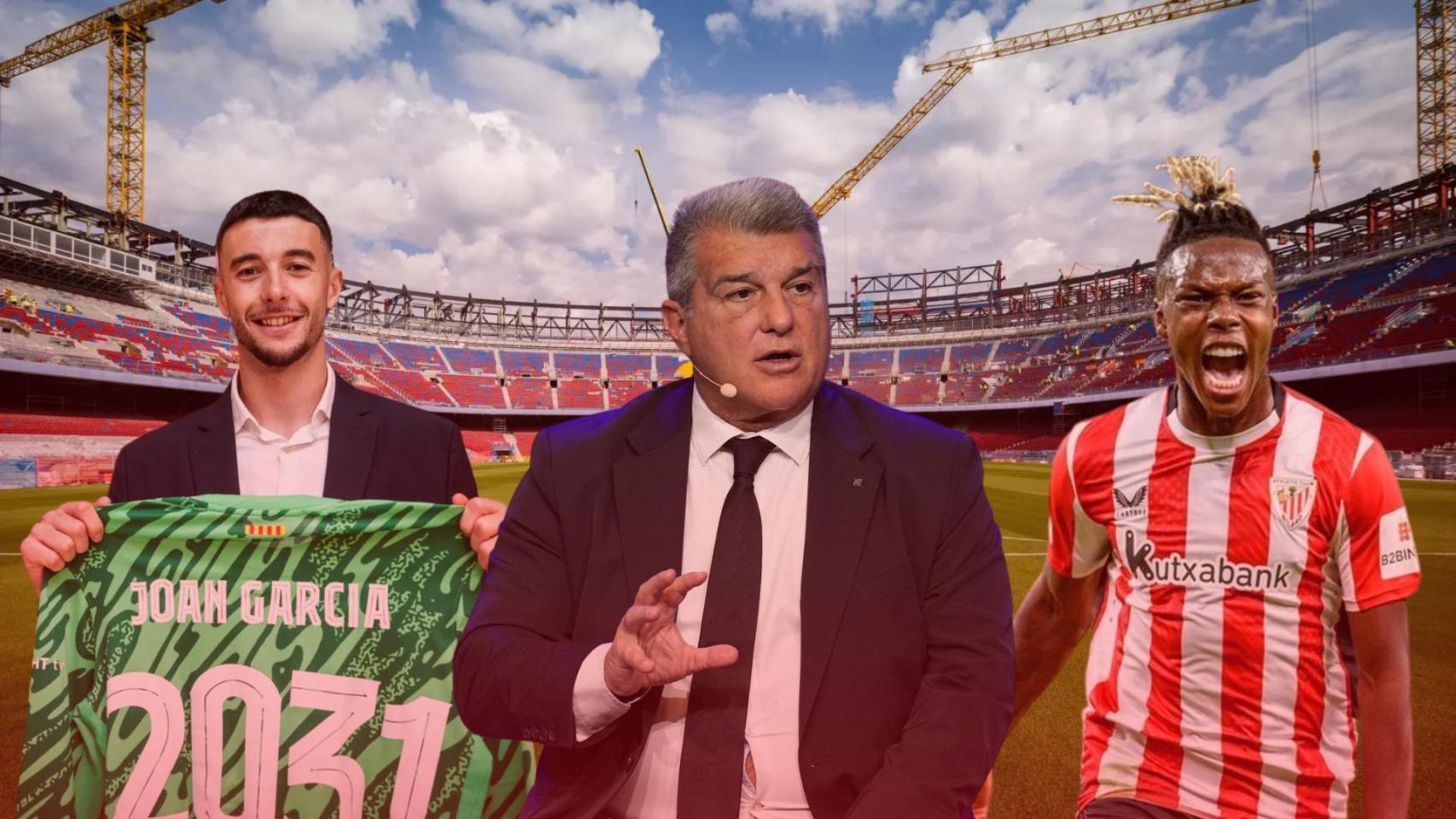 Joan García, Joan Laporta y Nico Williams, en un fotomontaje con el Camp Nou de fondo