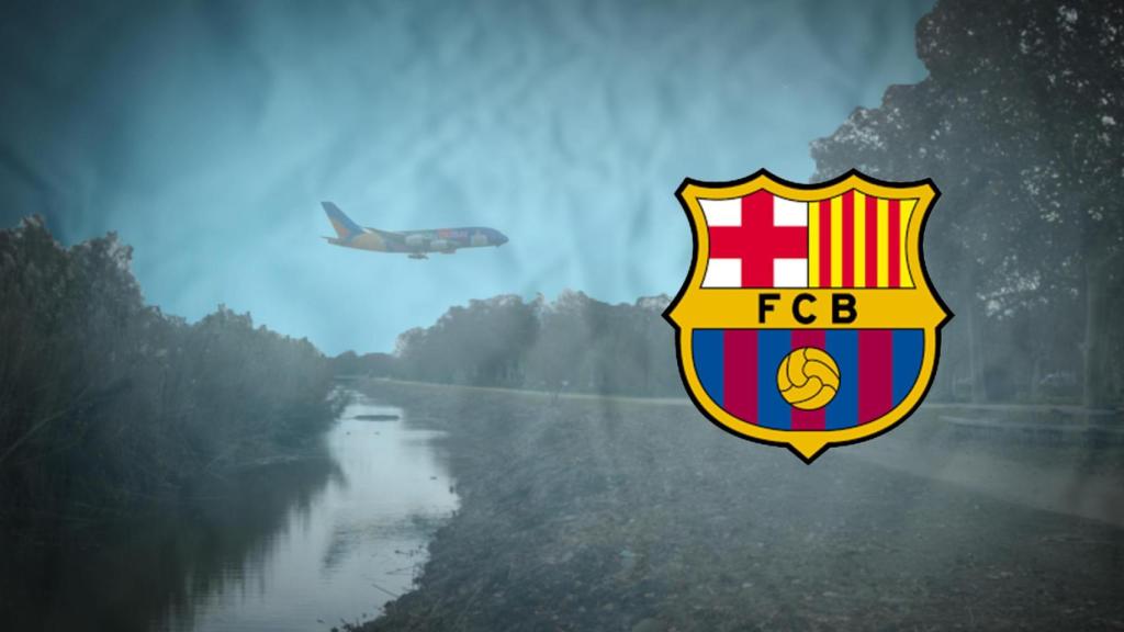Escudo del Barça sobre la imagen de un avión sobrevolando la Ricarda