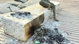 Parte de la estatua de Anís del Mono de Badalona, destrozada