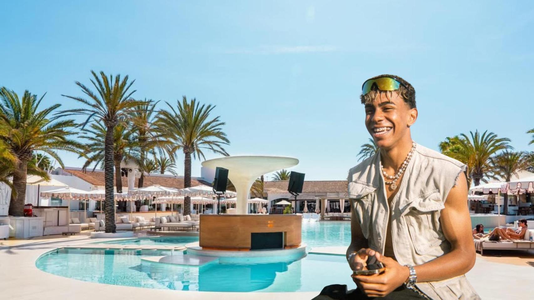 Lamine Yamal, con un hotel de Ibiza de fondo en un fotomontaje