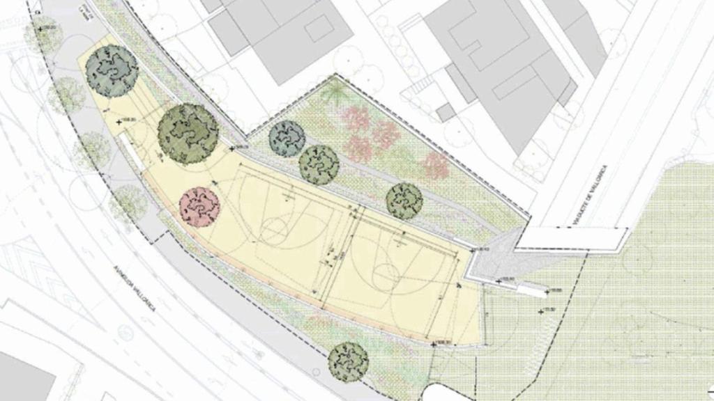 Imagen del plano urbanístico de la obra de la pista 'street basket' en el barrio de Vallcarca de Barcelona.