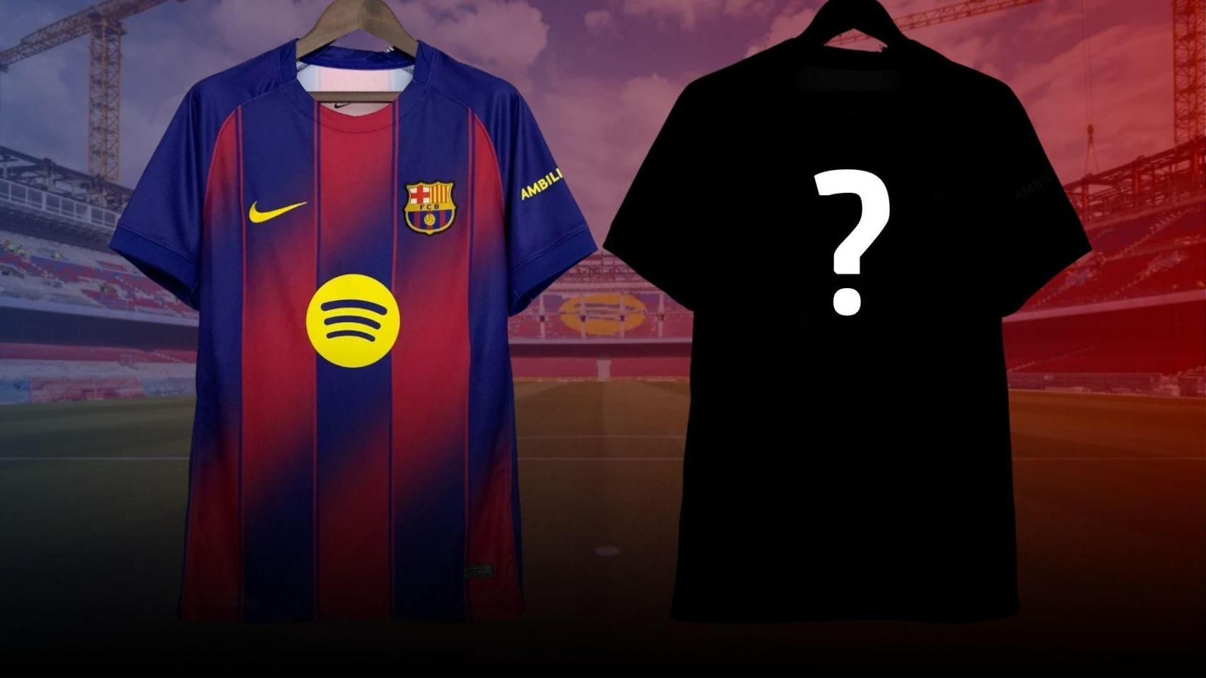 La camiseta local del FC Barcelona para la temporada 2025/26 en un montaje en el Camp Nou