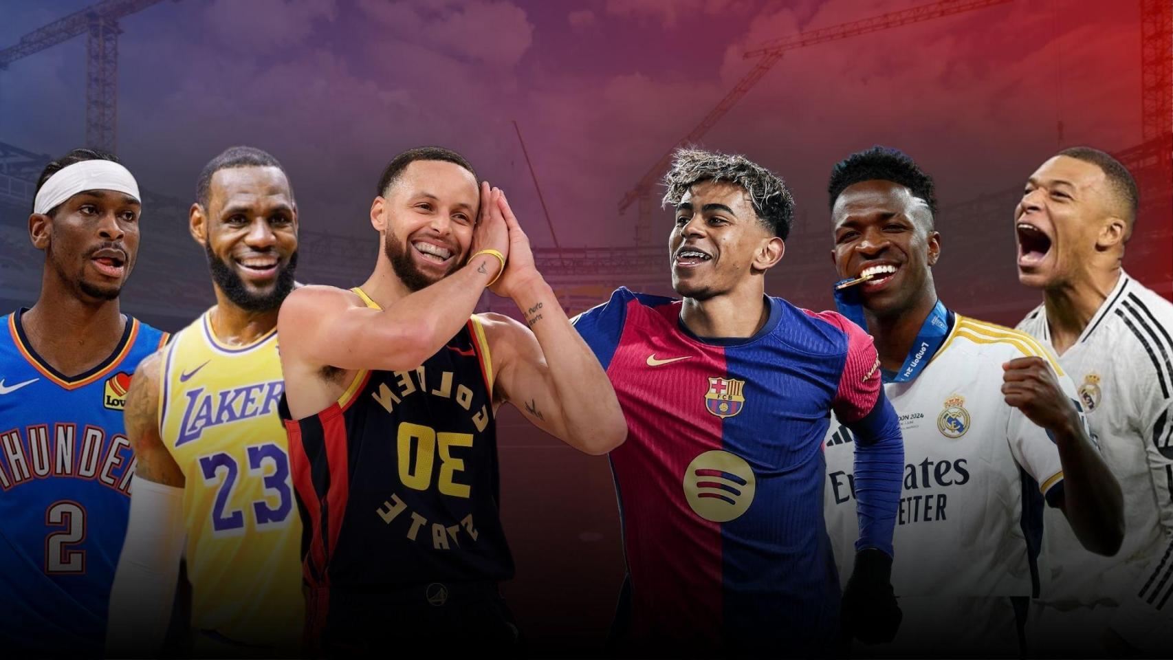Shai, Lebron James, Stephen Curry, Lamine Yamal, Vinicius Jr y Mbappé en un montaje