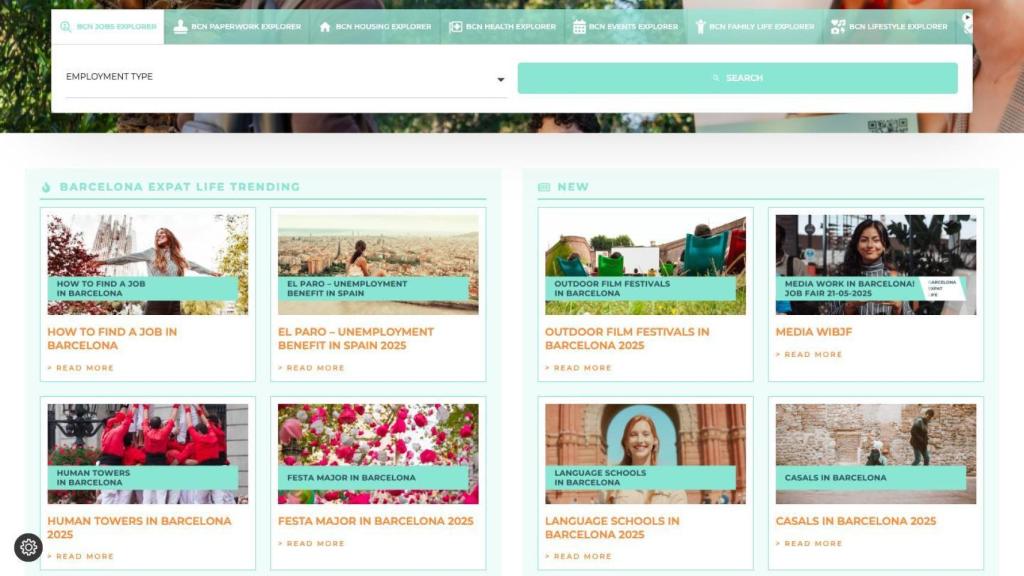 Captura de pantalla de la pàgina d'inici de Barcelona Expat Life