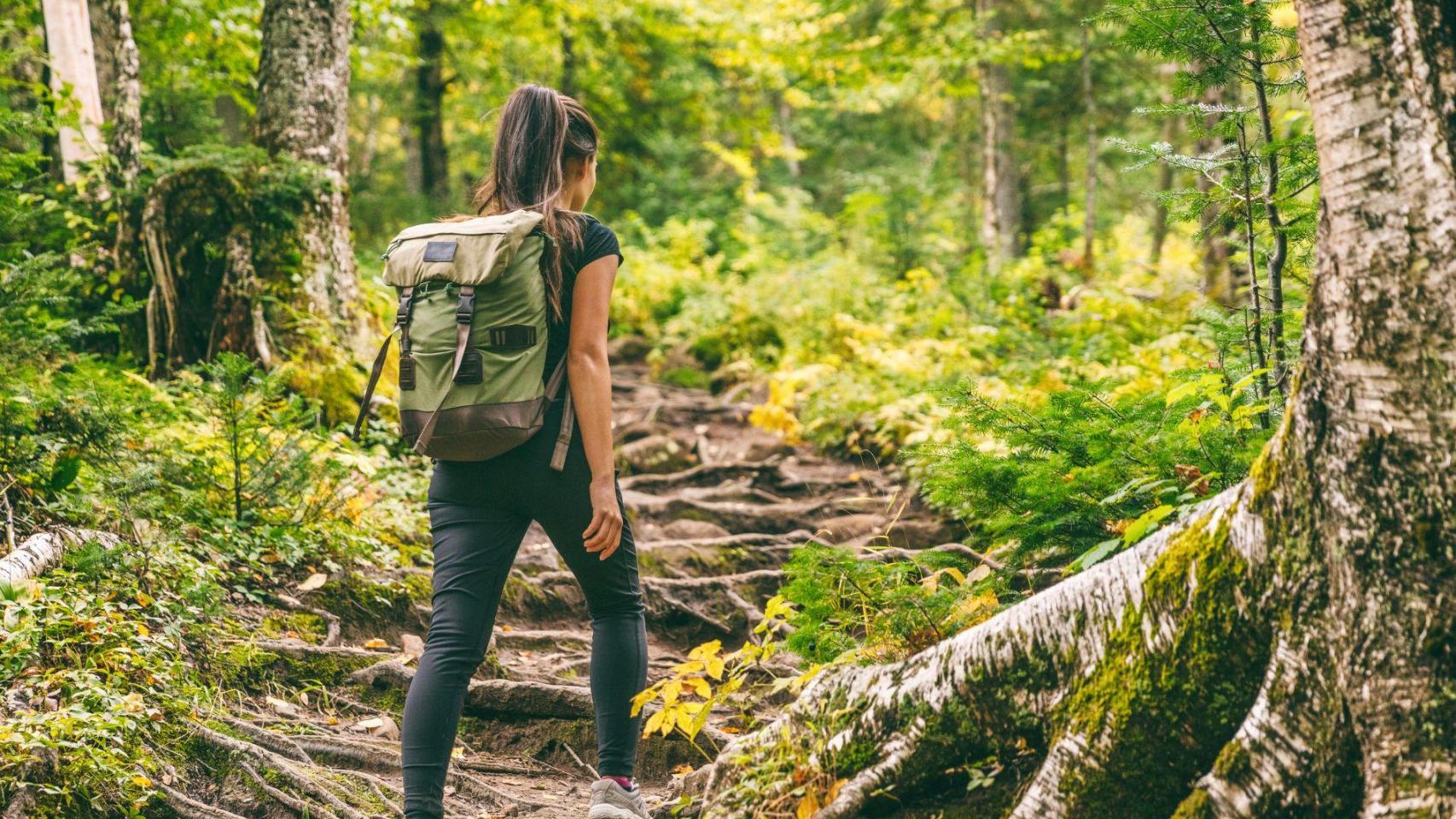 Una mujer, de ruta por un sendero al aire libre