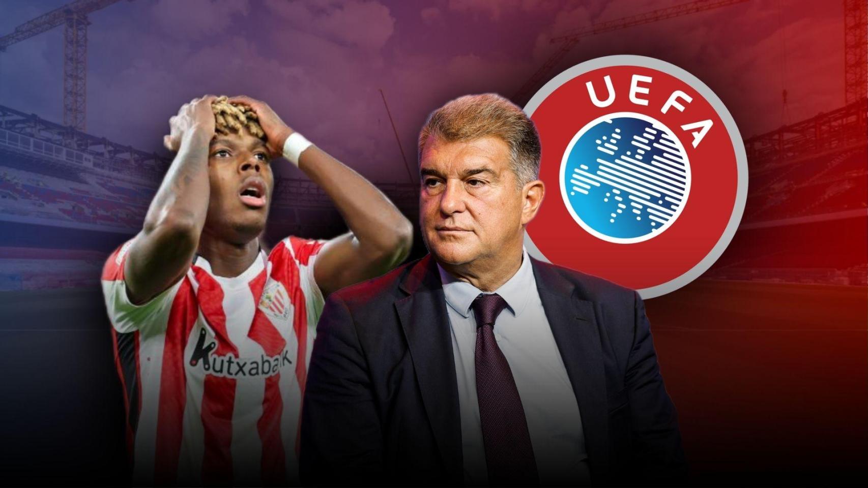 Joan Laporta junto a Nico Williams y el logo de la UEFA en un montaje sobre el Camp Nou