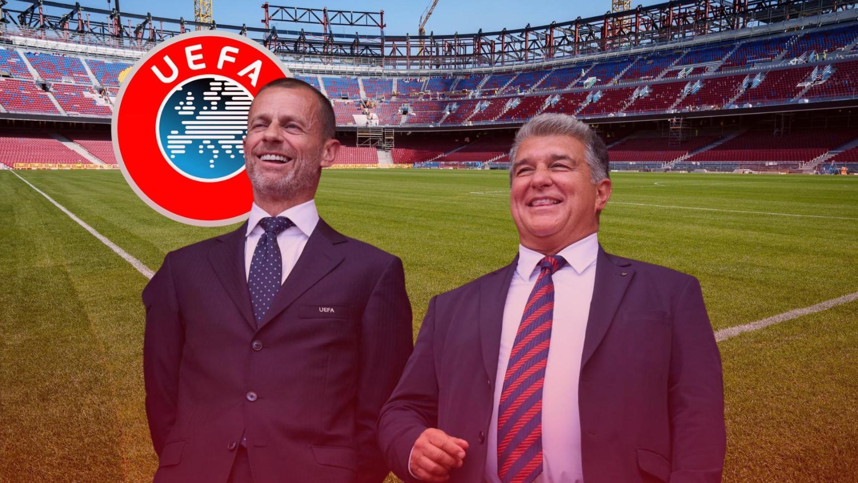 Aleksander Ceferin y Joan Laporta, en un fotomontaje con el nuevo Camp Nou de fondo