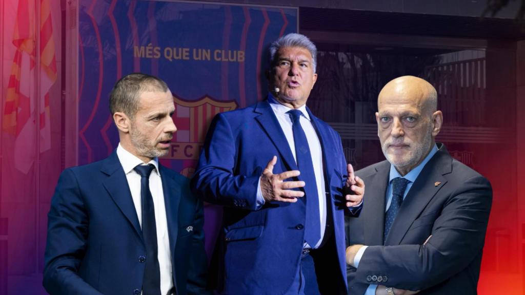 Aleksander Ceferin, Joan Laporta y Javier Tebas, presidentes de UEFA, Barça y Liga, en un fotomontaje